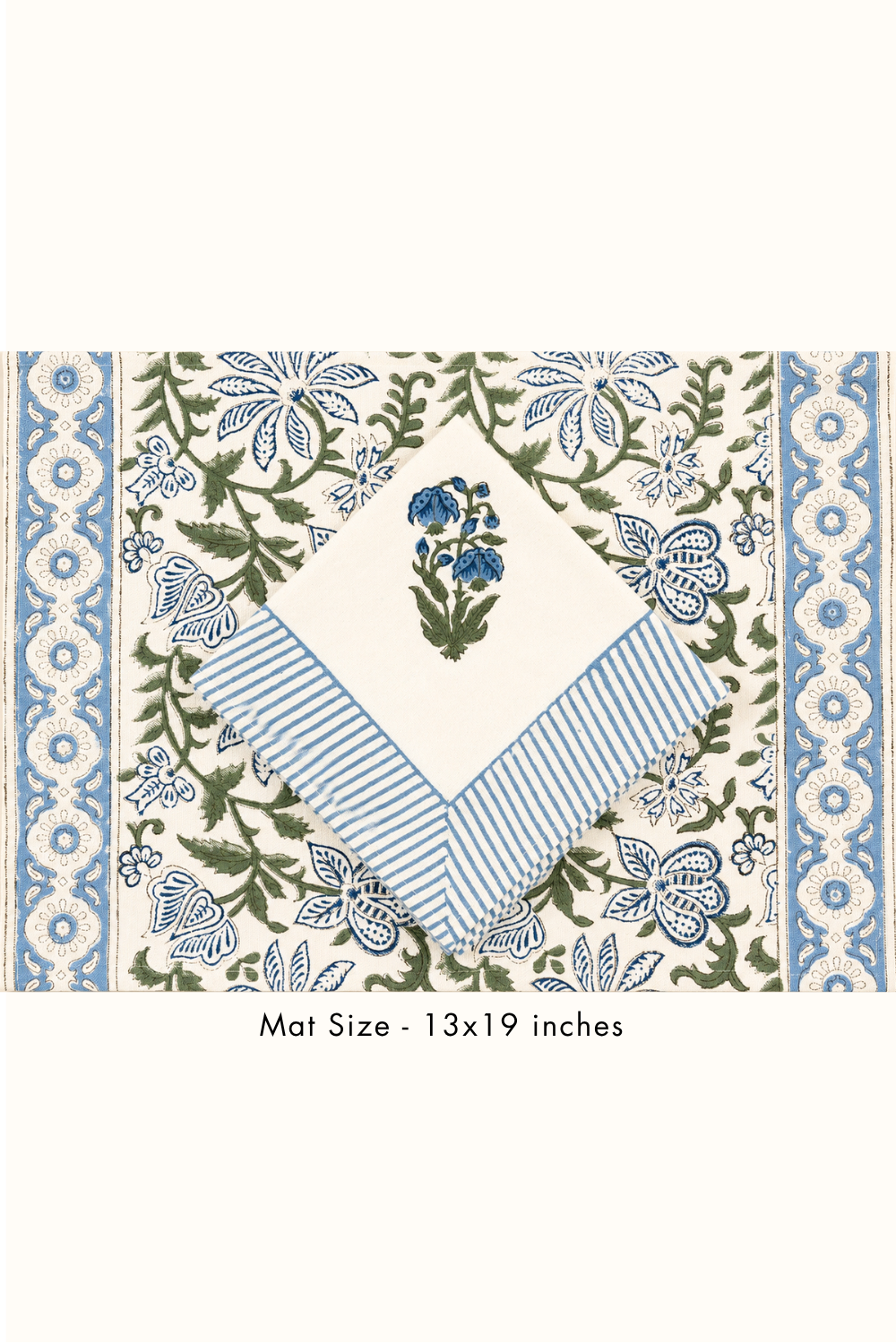 Blue Meadow Handblock Printed Canvas Table Runner, Mats & Napkins Set