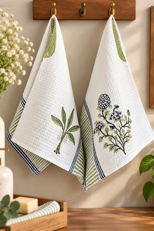 Mossy Muse Handblock Printed Waffle Cotton Hand Towel- Set of 2