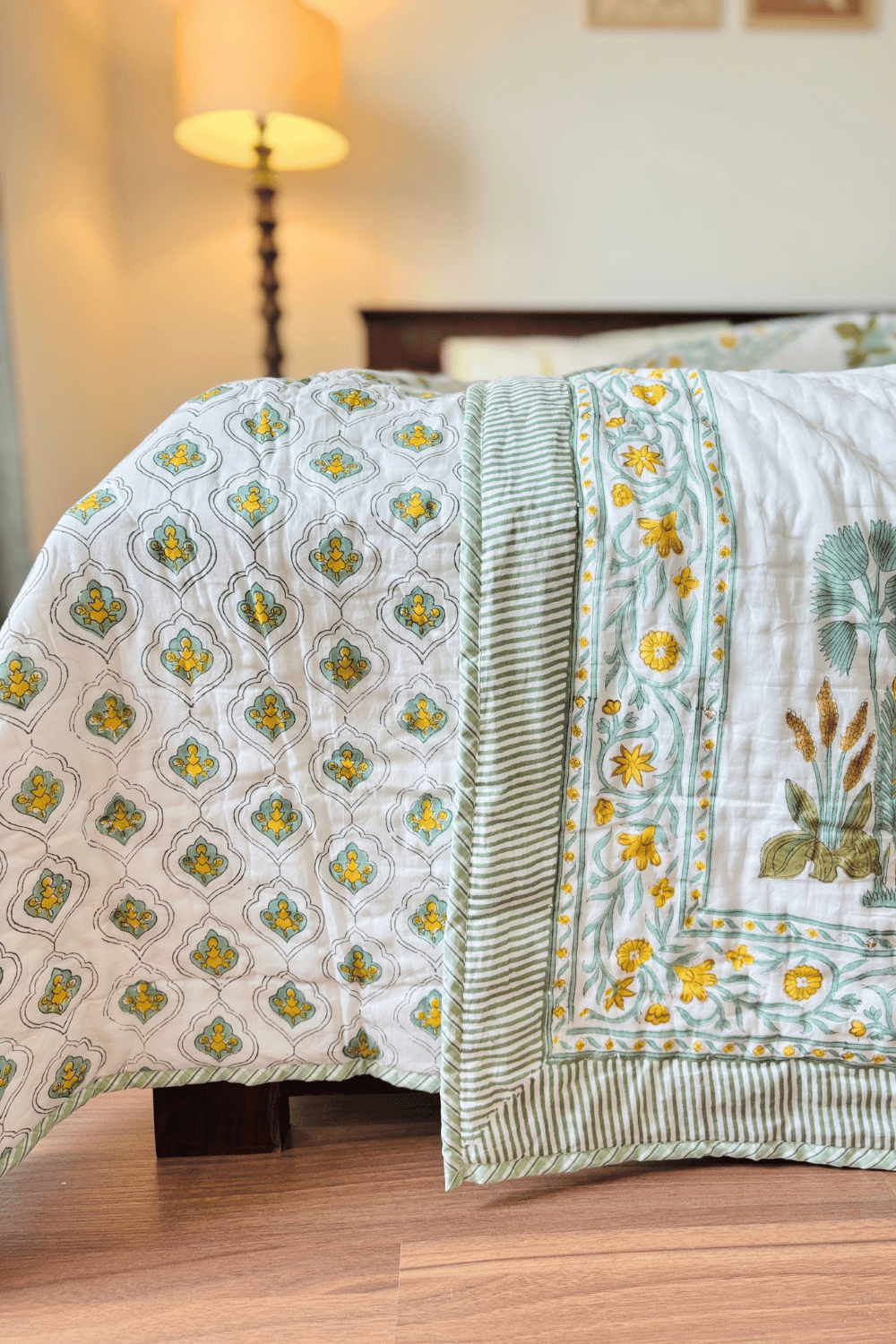 Ivory Botanica Handblock Printed Reversible Mulmul Cotton Quilt Double