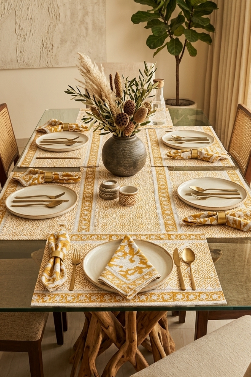 Honey Gold Handblock Printed Canvas Table Runner, Mats & Napkins Set