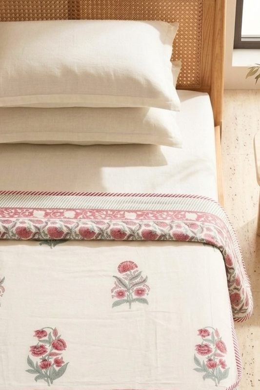 Rosewood Garden Handblock Printed Reversible Mulmul Dohar
