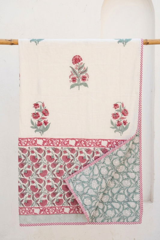 Rosewood Garden Handblock Printed Reversible Mulmul Dohar