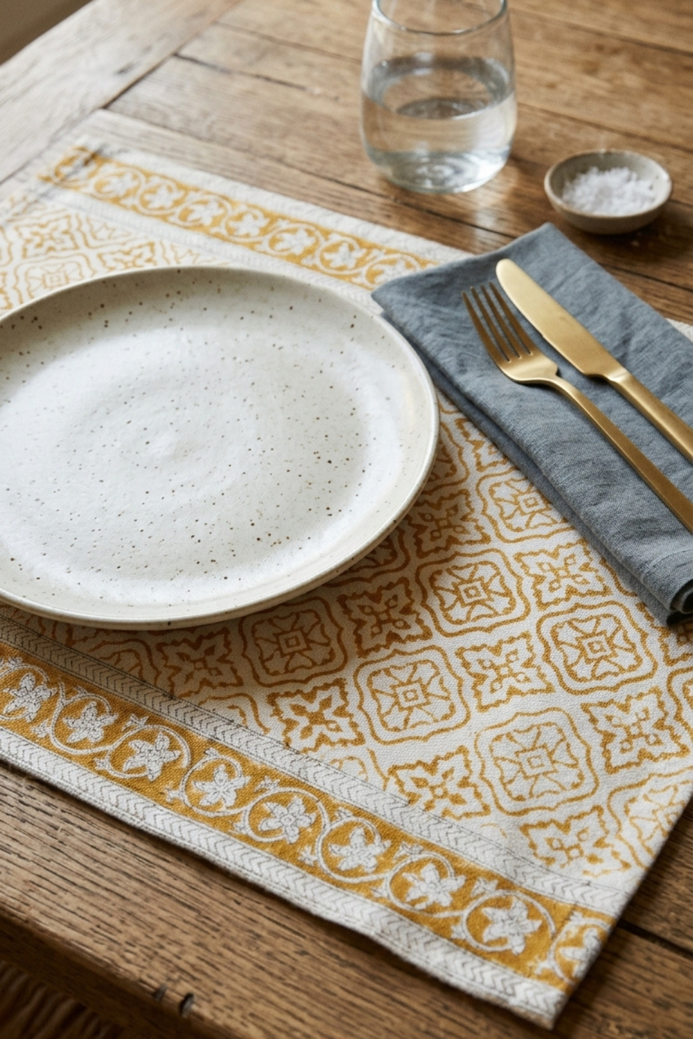 Honey Gold Handblock Printed Canvas Table Runner, Mats & Napkins Set