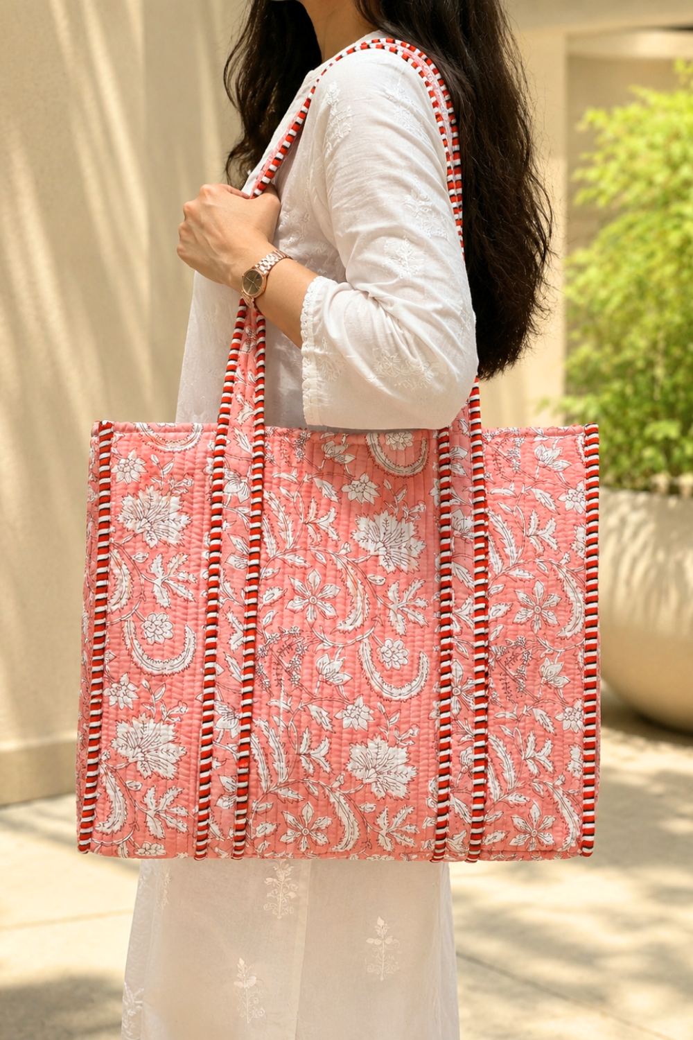 Rosewood Garden Quilted Cotton Tote Bag