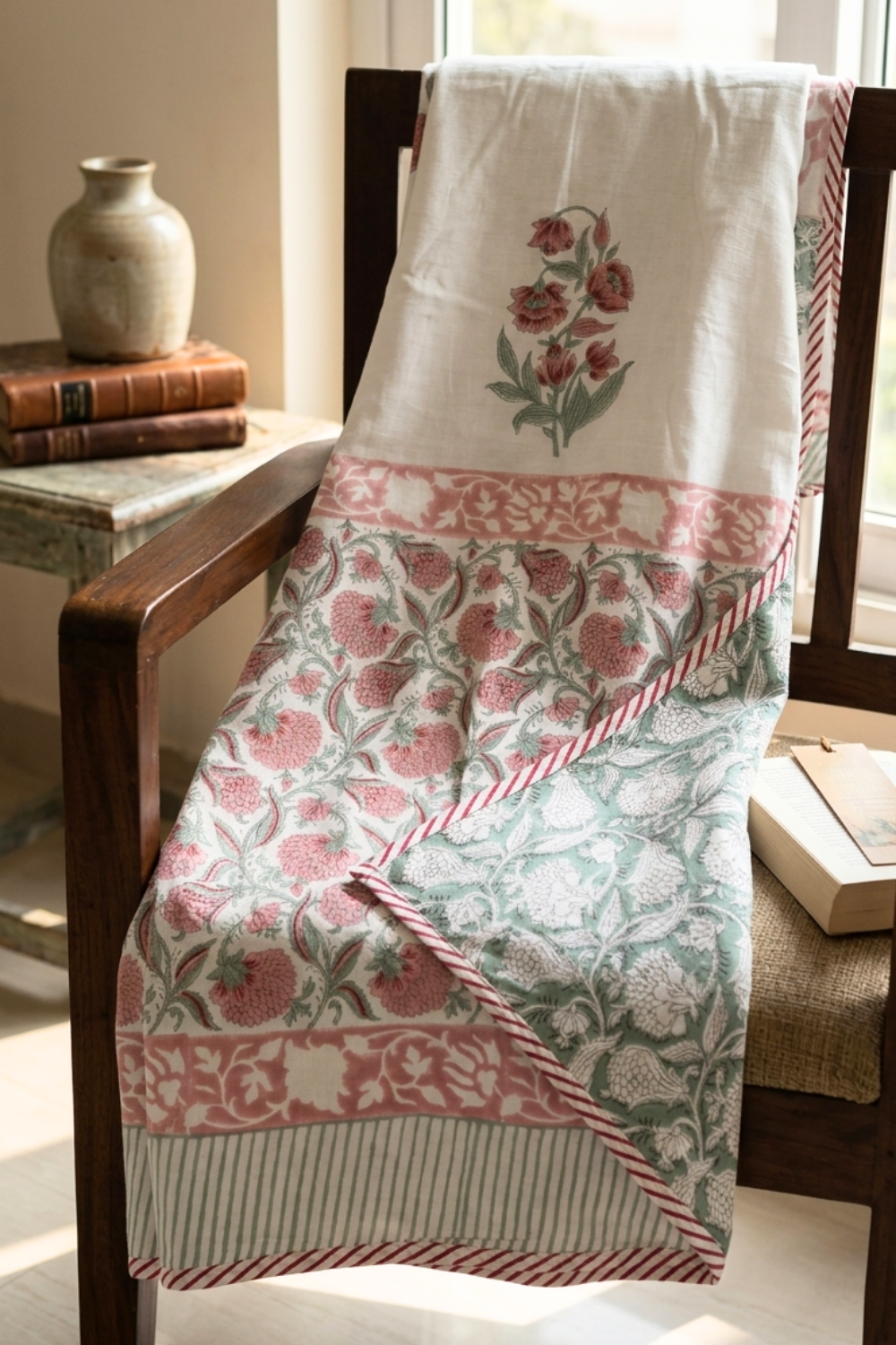 Rosewood Garden Handblock Printed Reversible Mulmul Dohar