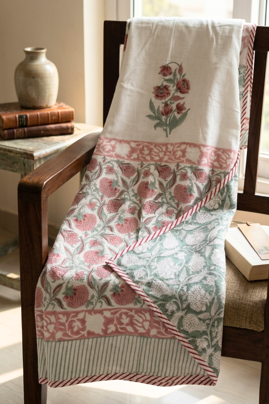 Rosewood Garden Handblock Printed Reversible Mulmul Dohar Single
