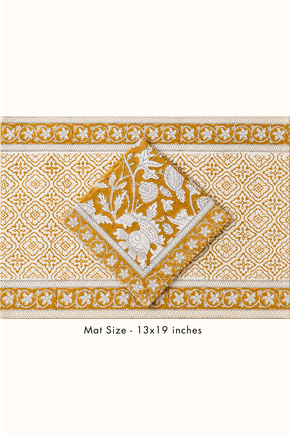 Honey Gold Handblock Printed Canvas Table Runner, Mats & Napkins Set