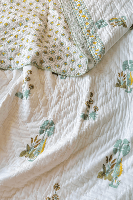 Ivory Botanica Handblock Printed Reversible Mulmul Cotton Quilt Double