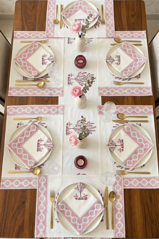Pink Botanica Handblock Printed Canvas Table Runner, Mats & Napkins Set