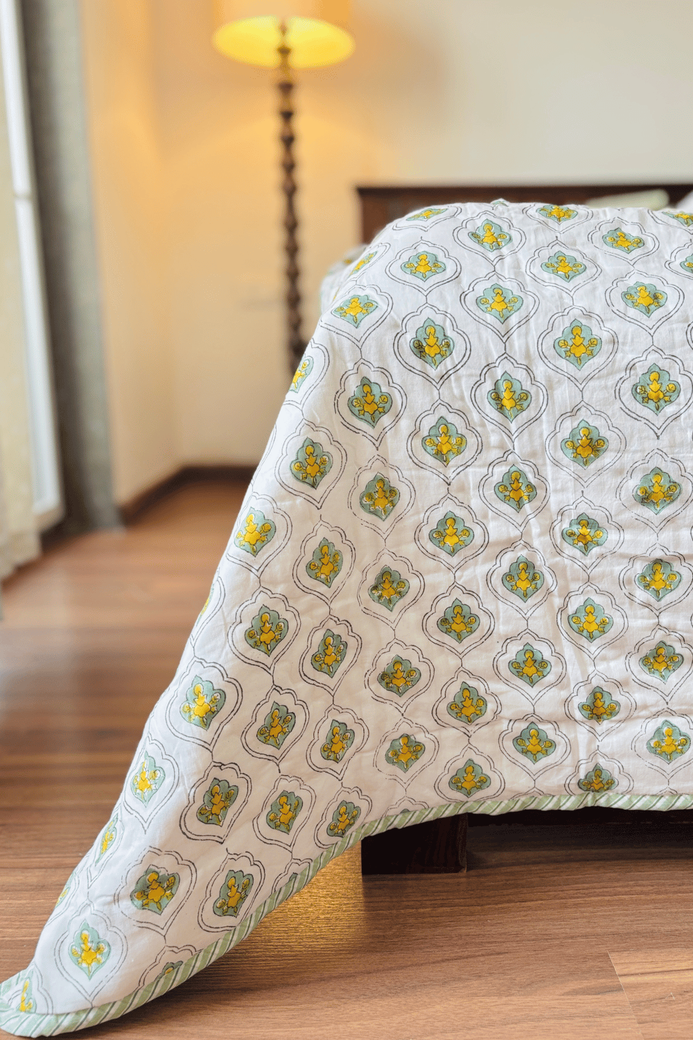 Ivory Botanica Handblock Printed Reversible Mulmul Cotton Quilt Double