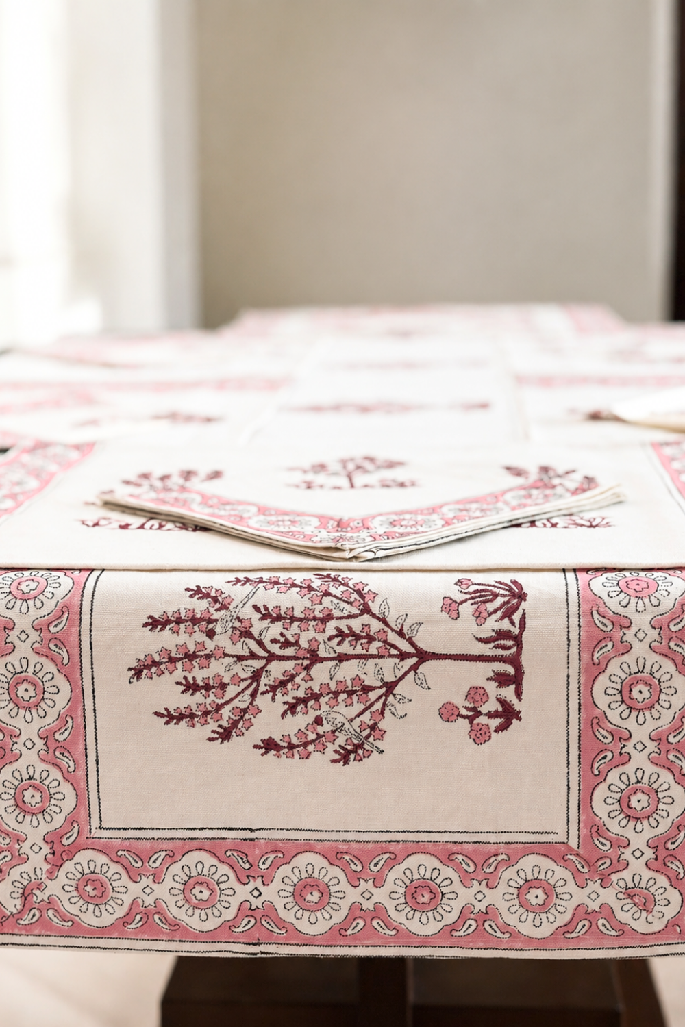 Pink Botanica Handblock Printed Canvas Table Runner, Mats & Napkins Set