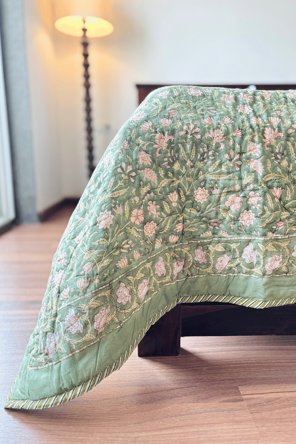 Sage Florals Handblock Printed Reversible Mulmul Cotton Quilt Double