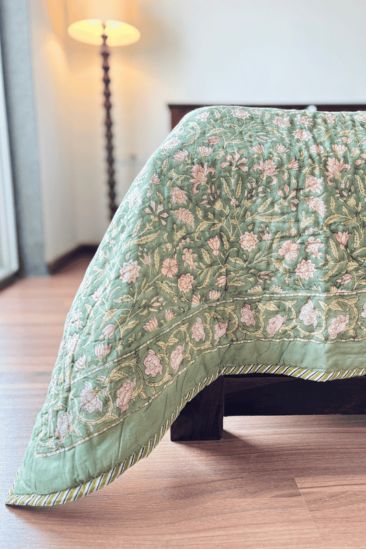 Sage Florals Handblock Printed Reversible Mulmul Cotton Quilt Double