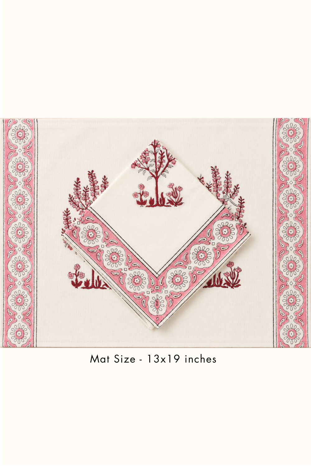 Pink Botanica Handblock Printed Canvas Table Runner, Mats & Napkins Set