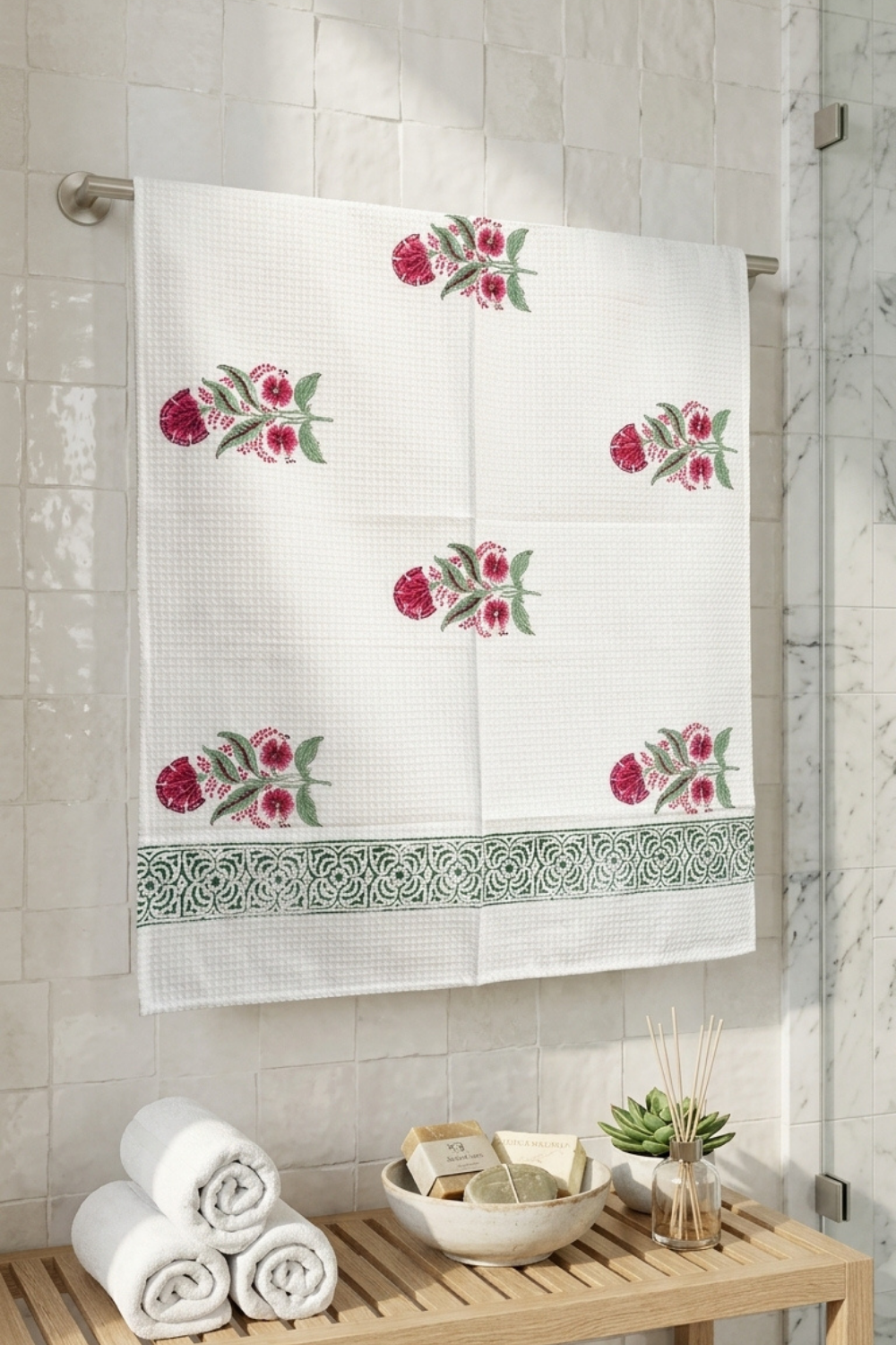 Ruby Garden Handblock Printed Waffle Cotton Bath Towel