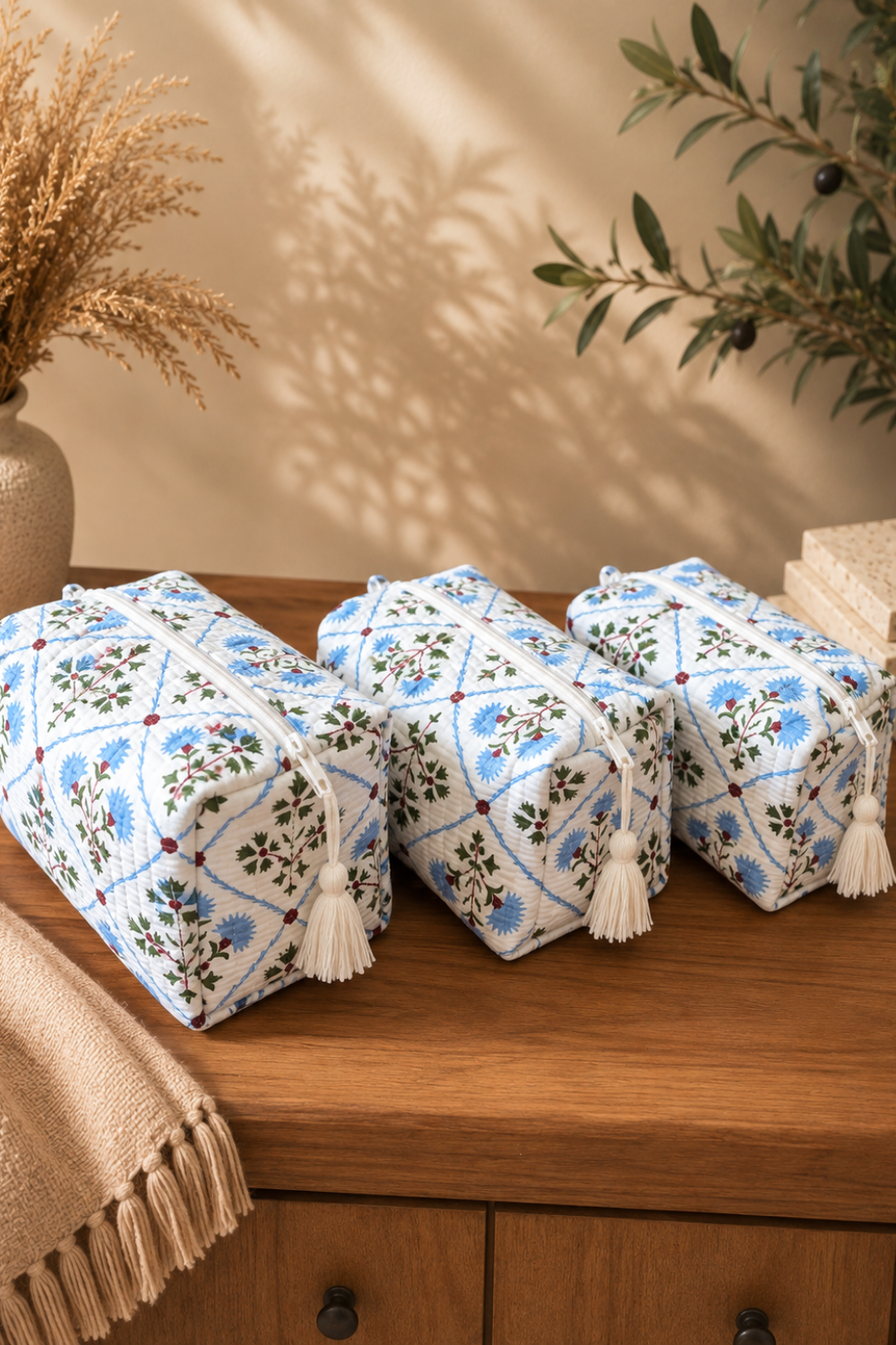 Blue Garden Quilted Cotton Travel Pouches – Set of 3