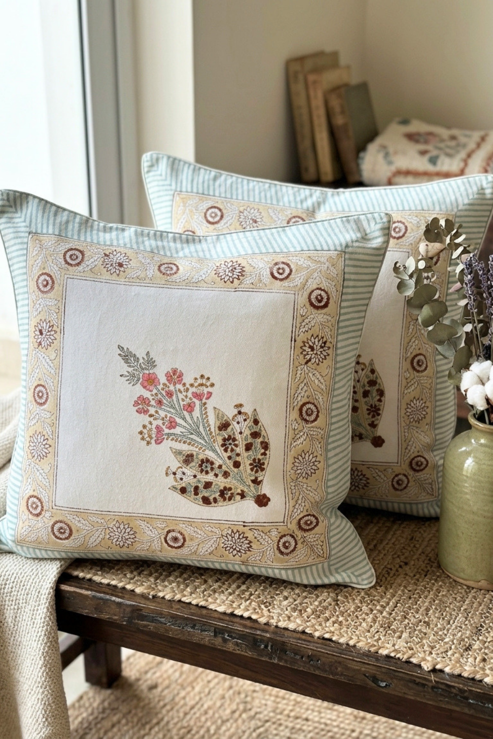 Meadow Crest Hand Block Printed Canvas Cushion Cover- Set of 2