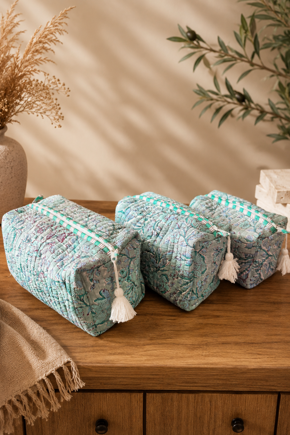 Mint Floral Quilted Cotton Travel Pouches – Set of 3
