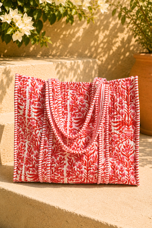 Scarlet Bloom Quilted Cotton Tote Bag
