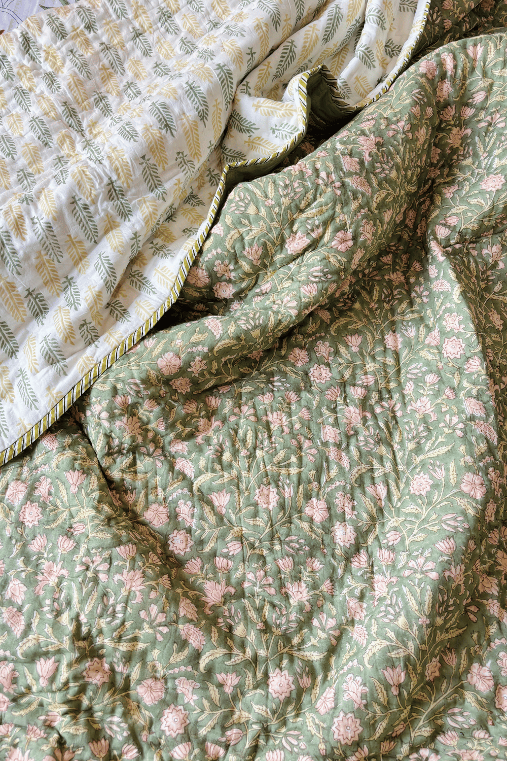 Sage Florals Handblock Printed Reversible Mulmul Cotton Quilt Double