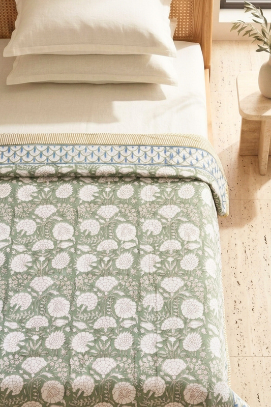 Pistachio Botanica Handblock Printed Reversible Mulmul Dohar