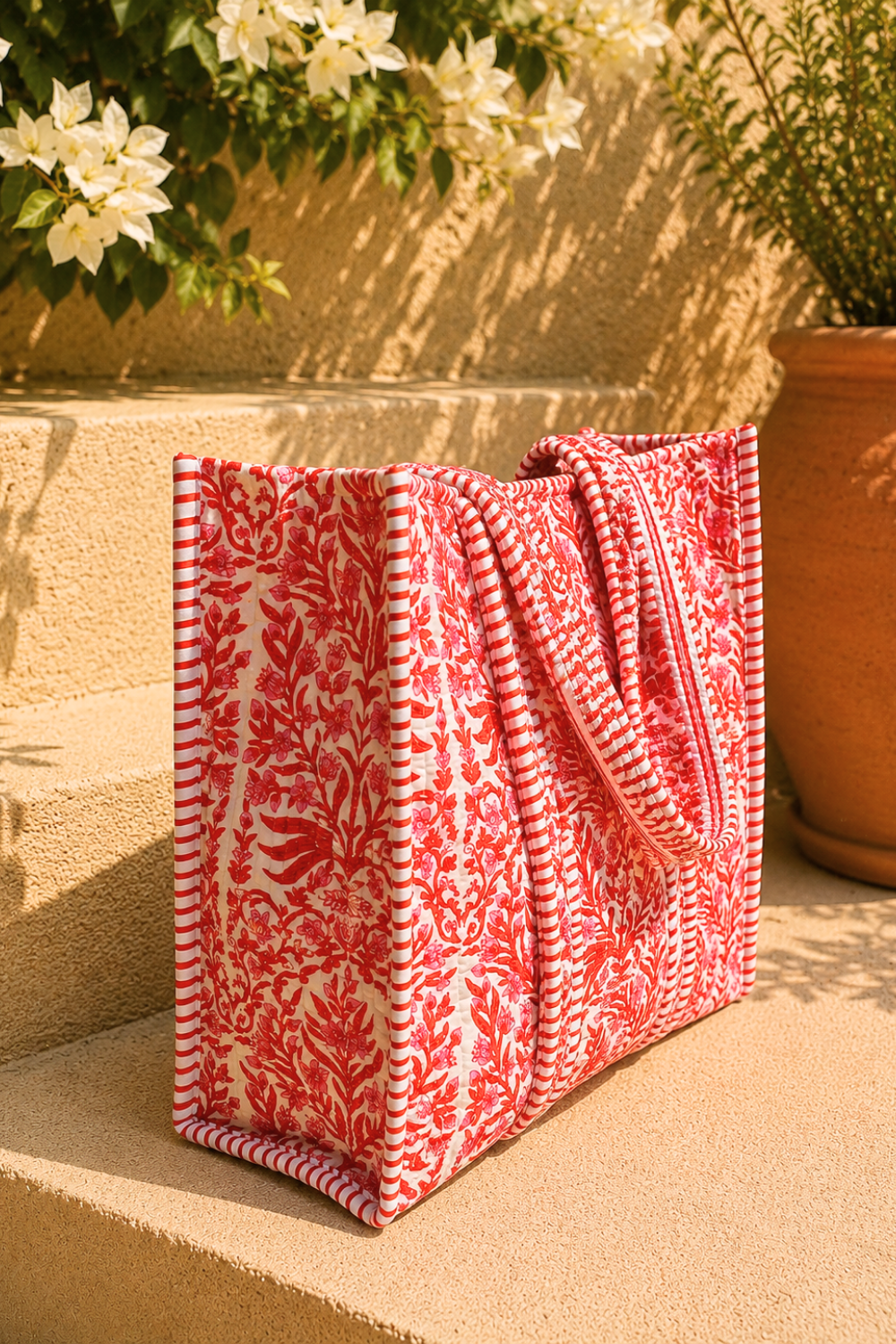 Scarlet Bloom Quilted Cotton Tote Bag