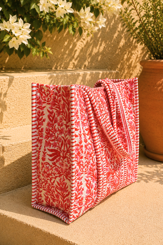 Scarlet Bloom Quilted Cotton Tote Bag