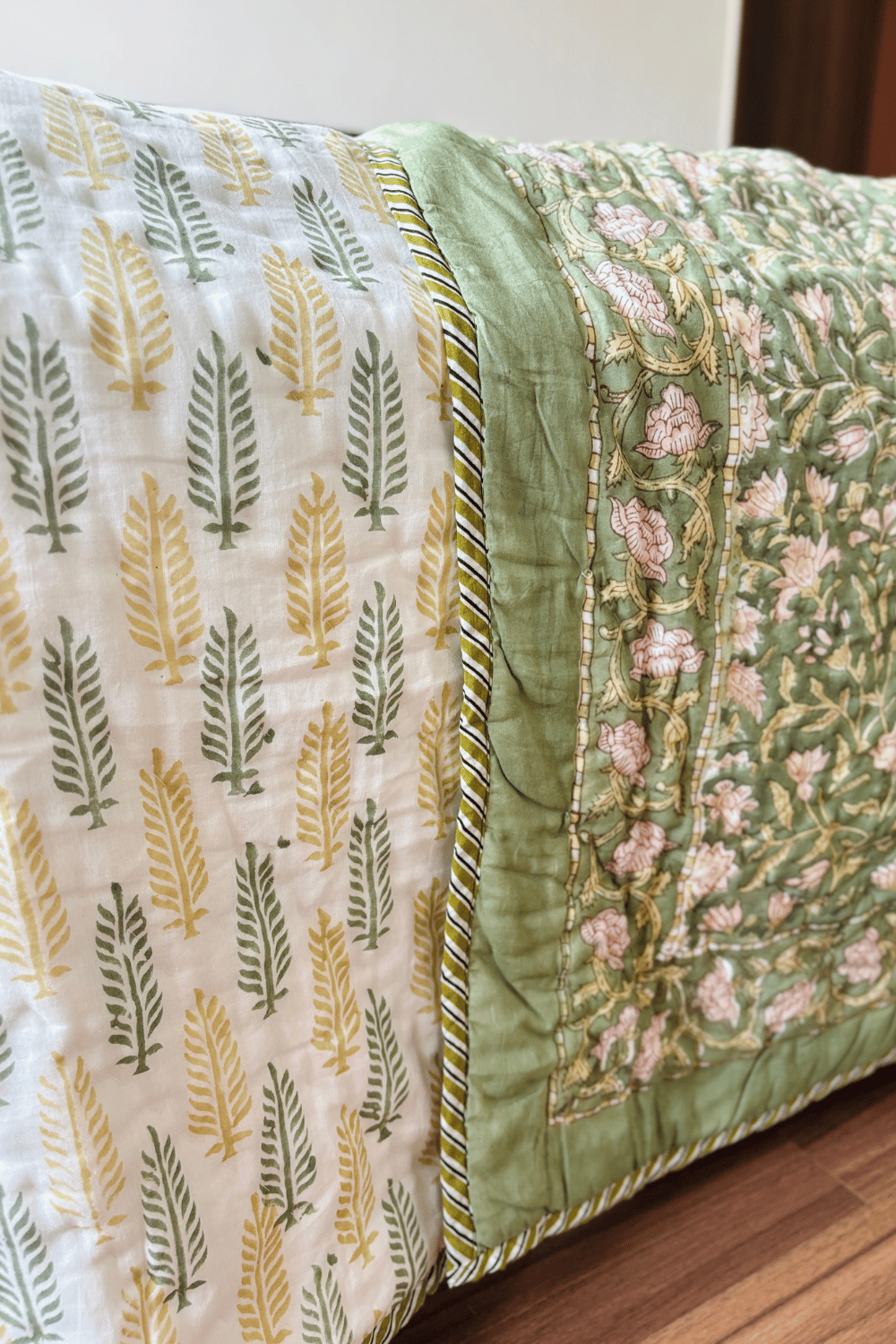 Sage Florals Handblock Printed Reversible Mulmul Cotton Quilt Double