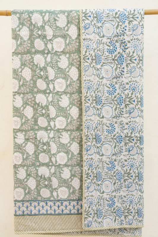 Pistachio Botanica Handblock Printed Reversible Mulmul Dohar