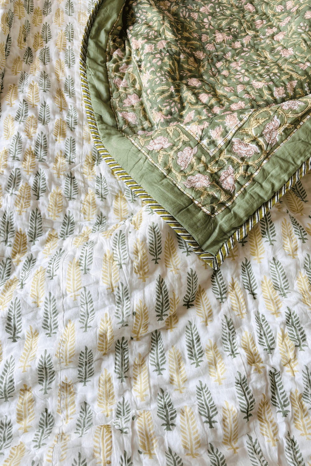 Sage Florals Handblock Printed Reversible Mulmul Cotton Quilt Double