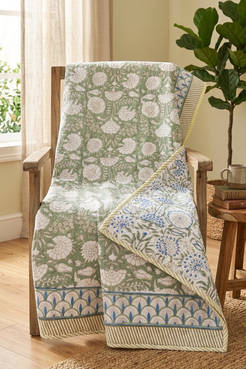 Pistachio Botanica Handblock Printed Reversible Mulmul Dohar