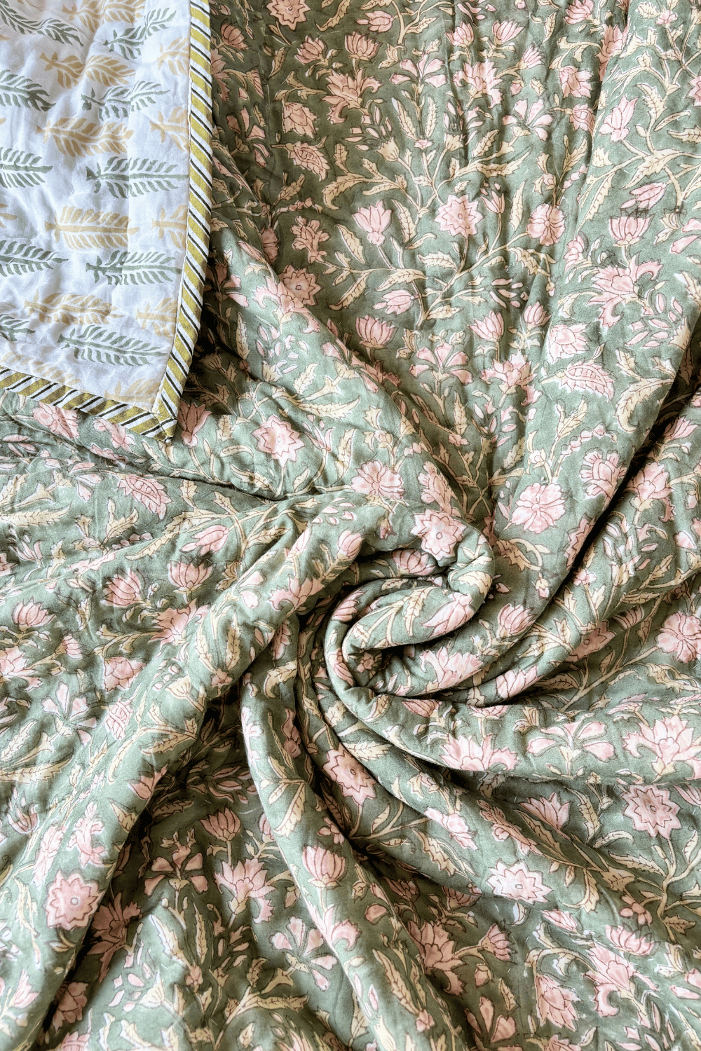 Sage Florals Handblock Printed Reversible Mulmul Cotton Quilt Double