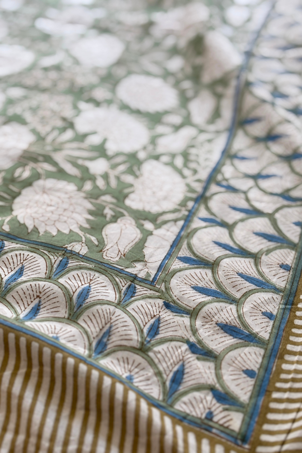 Pistachio Botanica Handblock Printed Reversible Mulmul Dohar