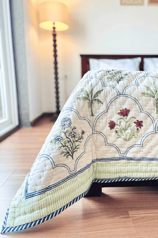 Pearl Arch Handblock Printed Reversible Mulmul Cotton Quilt Double