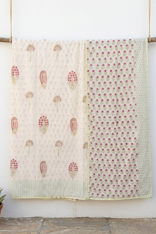 Pink Whisper Handblock Printed Reversible Mulmul Dohar