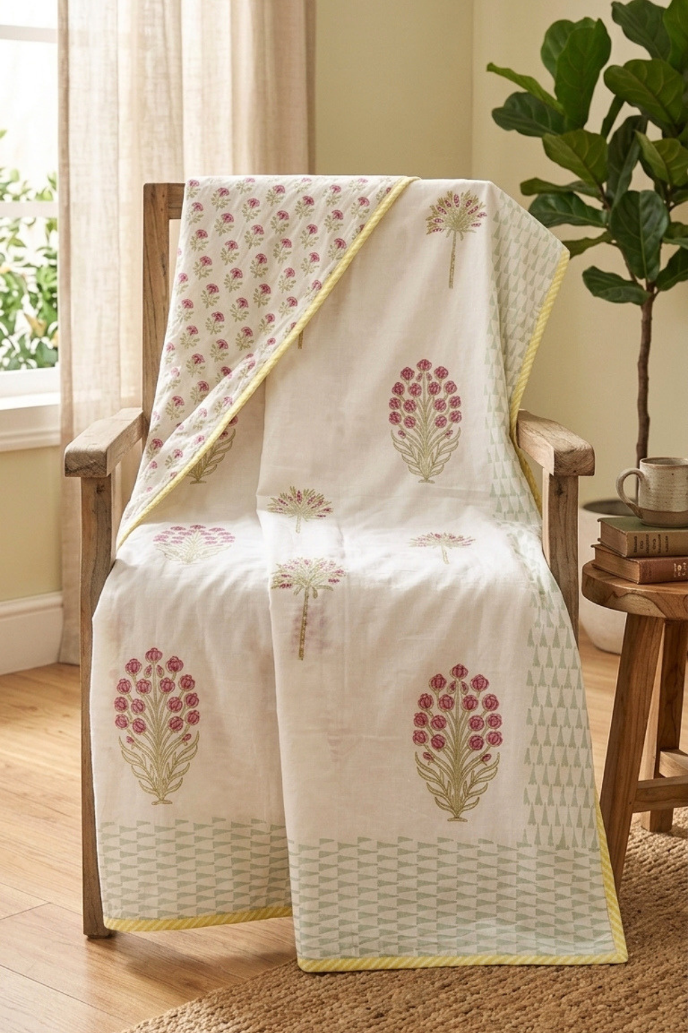 Pink Whisper Handblock Printed Reversible Mulmul Dohar