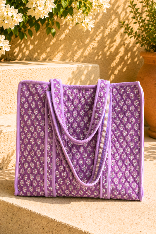 Lavender Meadow Quilted Handblock Printed Cotton Tote Bag