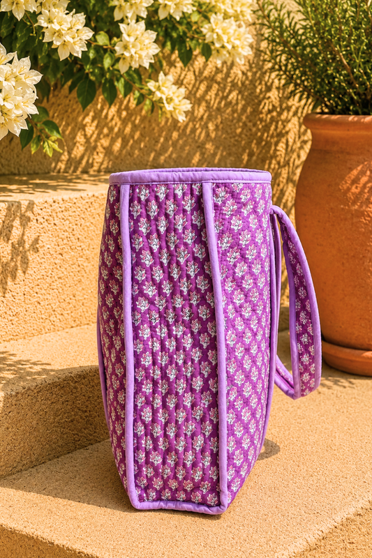 Lavender Meadow Quilted Handblock Printed Cotton Tote Bag