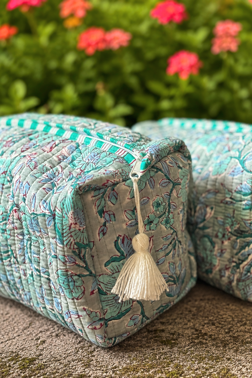 Mint Floral Quilted Cotton Travel Pouches – Set of 3