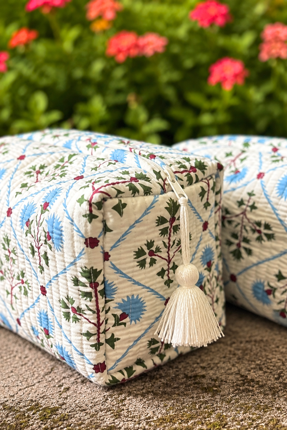 Blue Garden Quilted Cotton Travel Pouches – Set of 3