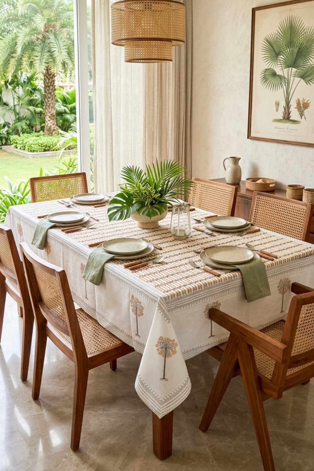 Desert Weave Handblock Printed Cotton Canvas Table Cloth - 6 Seater