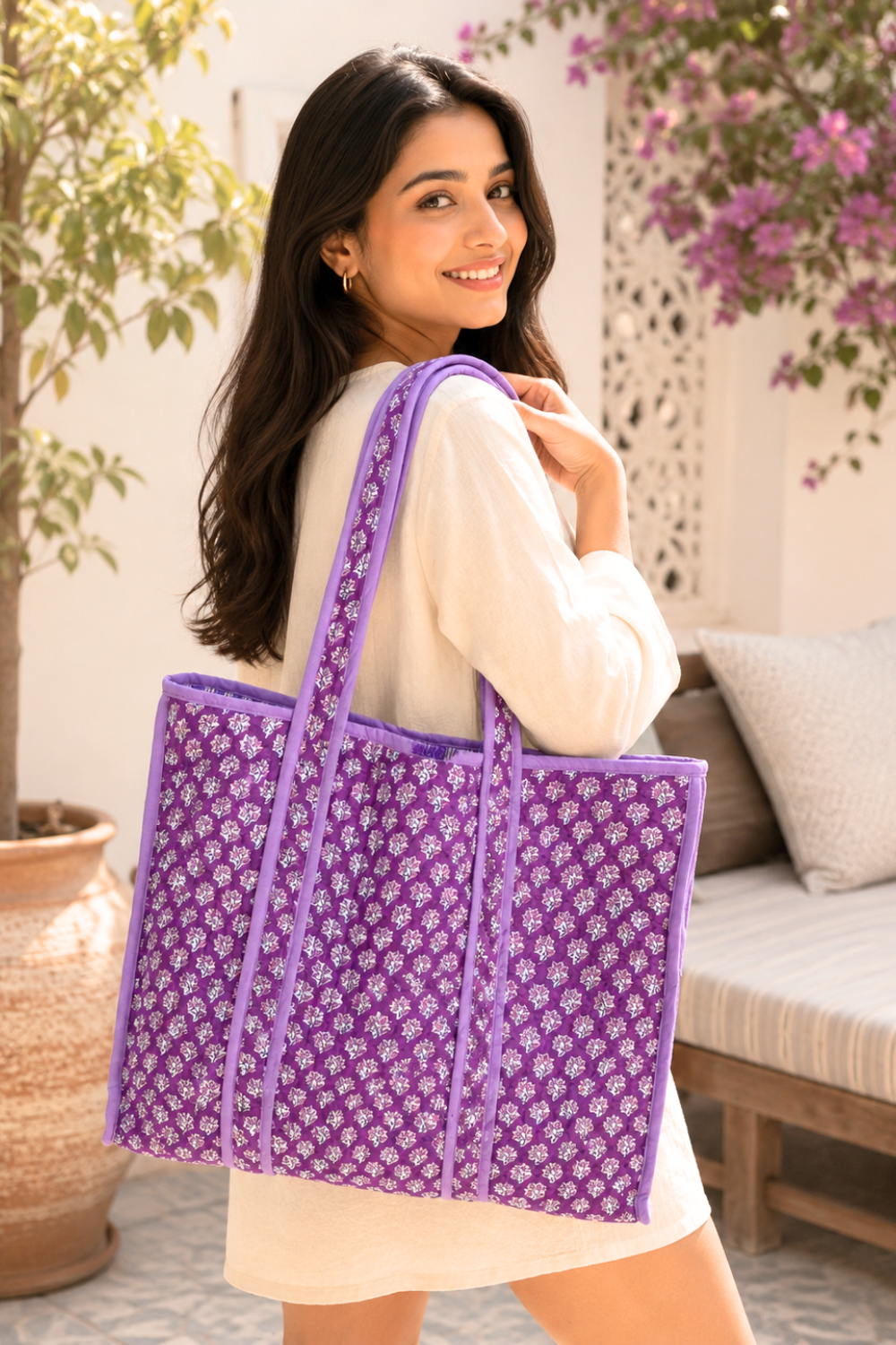 Lavender Meadow Quilted Handblock Printed Cotton Tote Bag