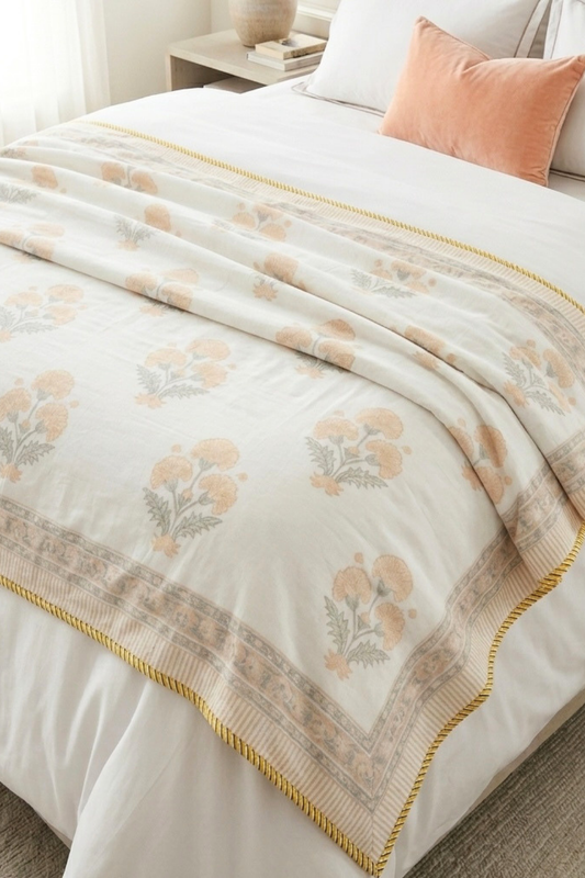 Marigold Mist Handblock Printed Mulmul Dohar
