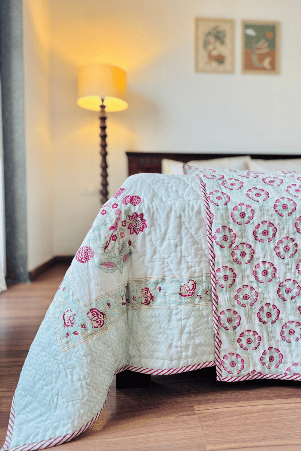 Vanilla Bloom Handblock Printed Reversible Mulmul Cotton Quilt Single