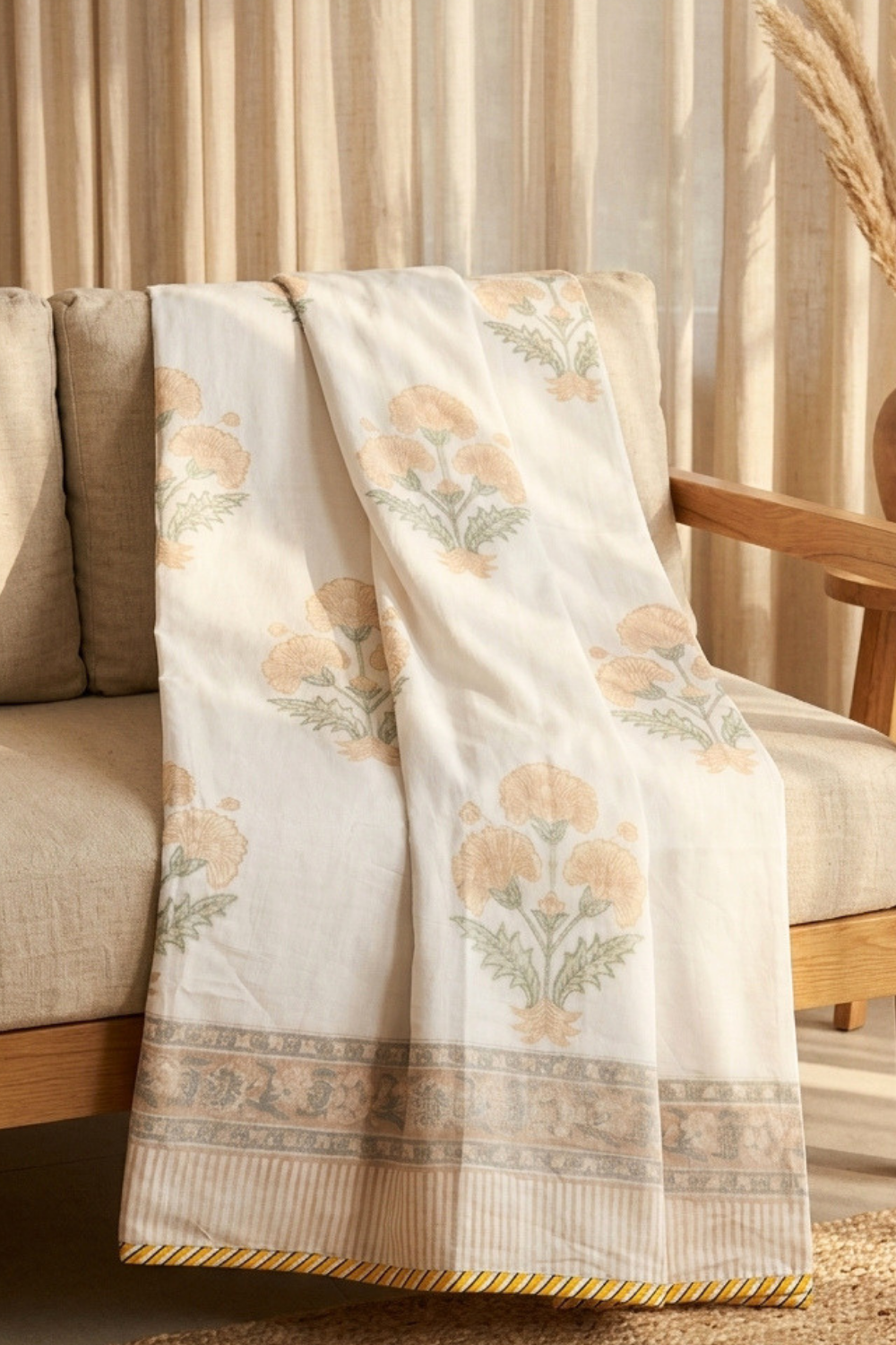 Marigold Mist Handblock Printed Mulmul Dohar