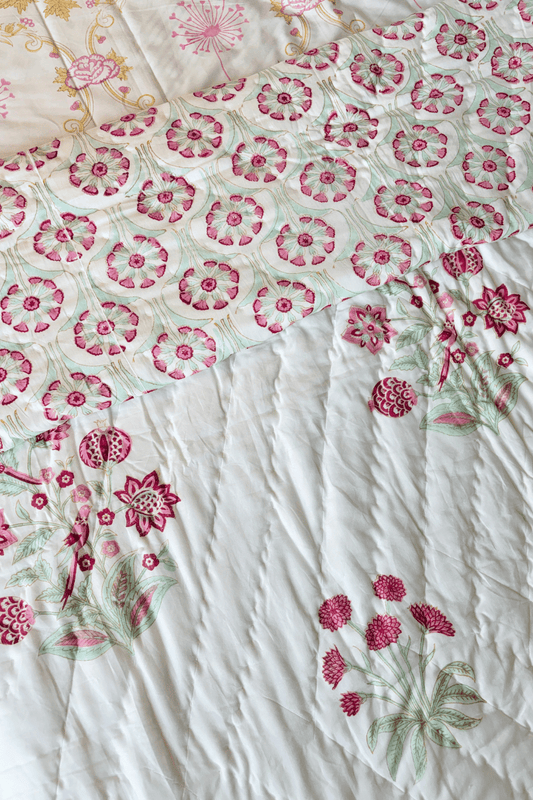 Vanilla Bloom Handblock Printed Reversible Mulmul Cotton Quilt Single