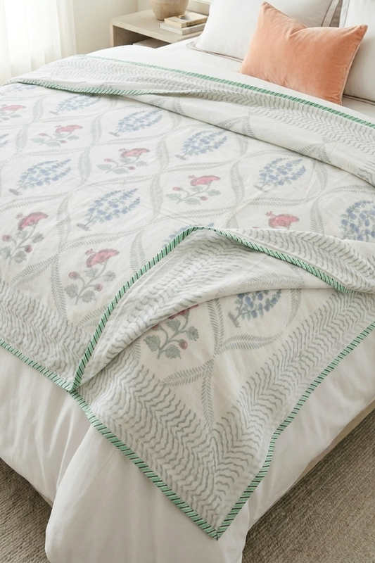 Petal Grid Handblock Printed Mulmul Dohar