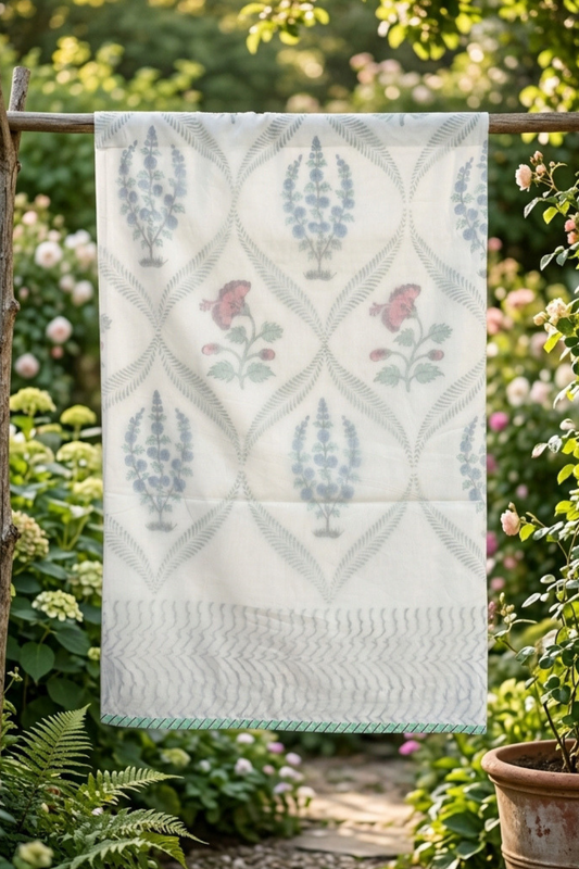 Petal Grid Handblock Printed Mulmul Dohar