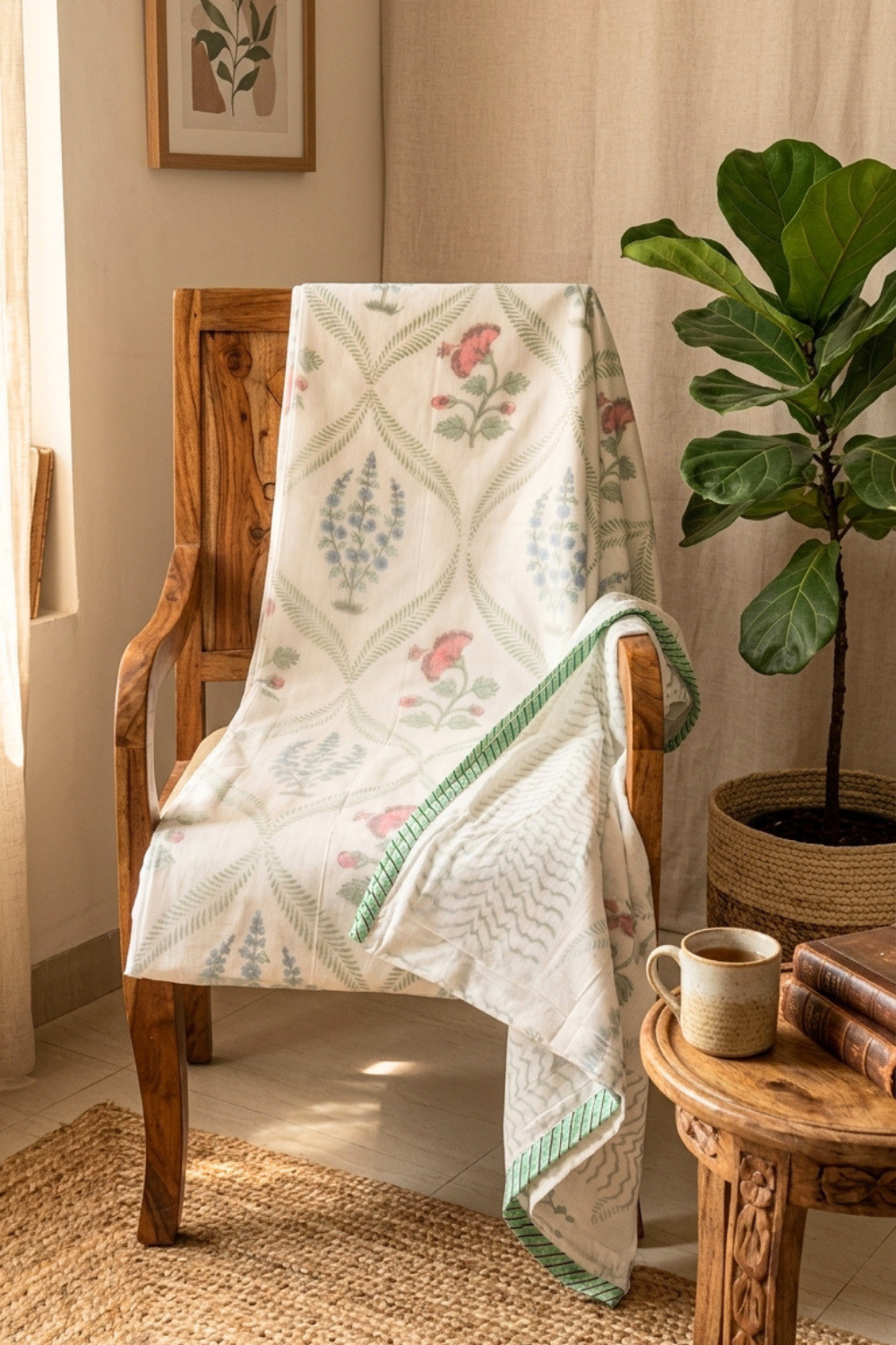 Petal Grid Handblock Printed Mulmul Dohar
