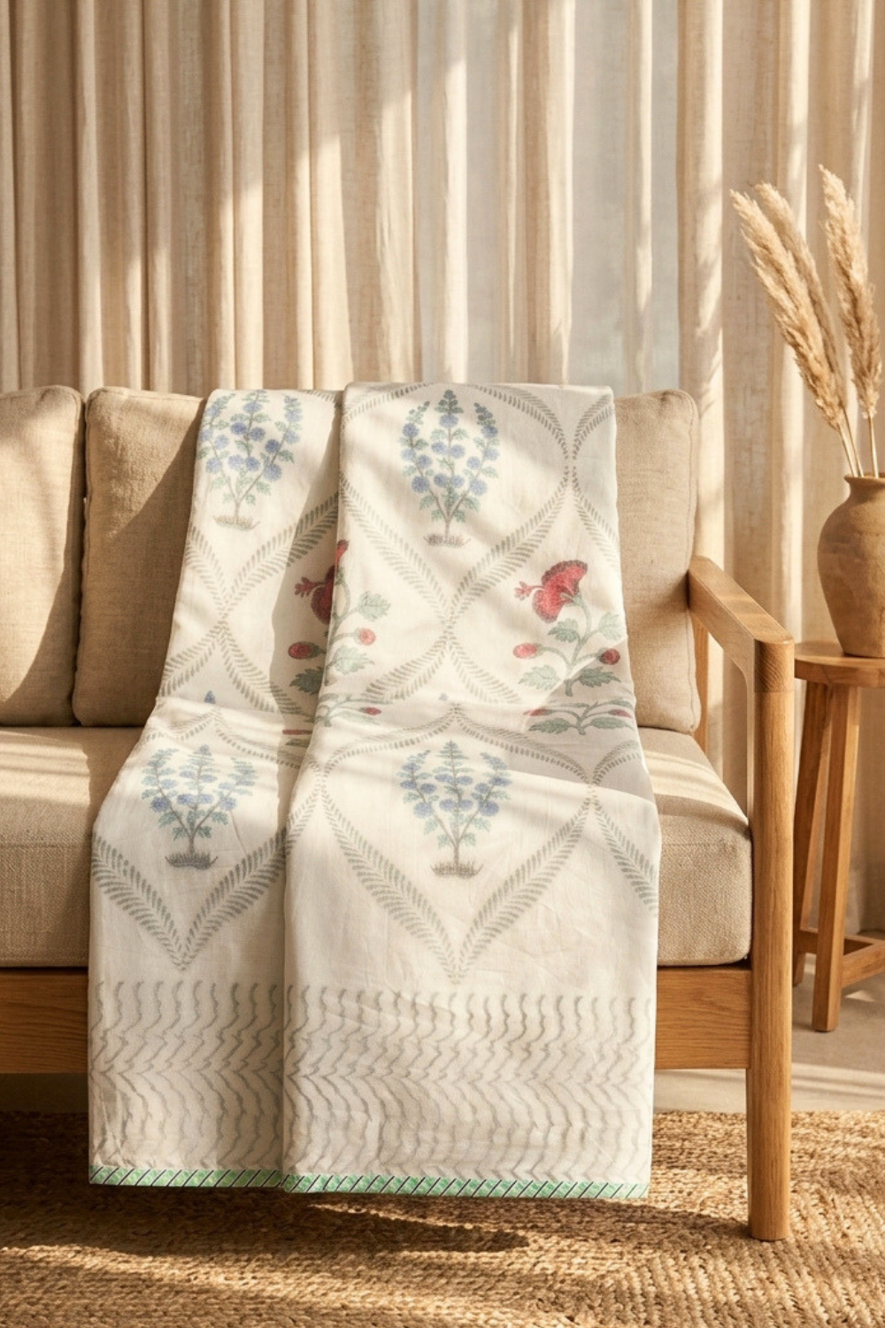 Petal Grid Handblock Printed Mulmul Dohar